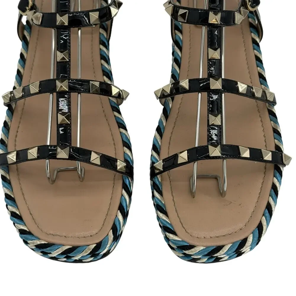 Valentino Rockstud Caged Leather Platform Sandals EU 40 Blue Braided - Picture 3 of 12
